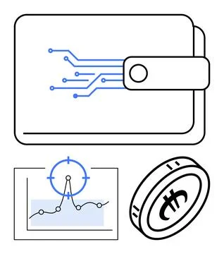Digital wallet with circuitry, cryptocurrency coin, and data graph analysis.  イラスト素材