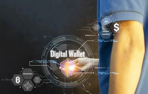 Digital Wallet concept that controls usage with blockchain and smart contacts Stock Photos
