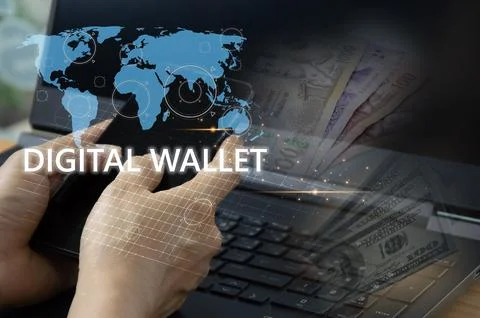 Digital Wallet concept that controls usage with blockchain and smart contacts Stock Photos