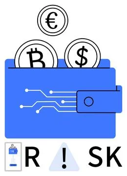 Digital wallet containing Bitcoin, Dollar, and Euro symbols, with circuit-thu Stock Illustration