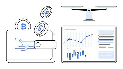 Digital wallet with cryptocurrency coins, chart with data graphs on screen, b イラスト素材