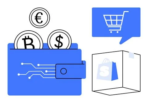 Digital wallet with cryptocurrency symbols Bitcoin and Euro, and fiat symbol  Stock Illustration