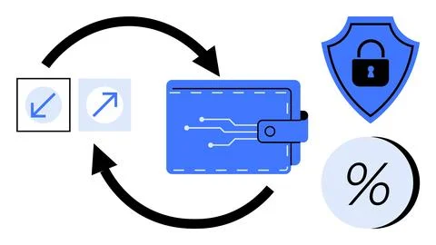 Digital wallet with directional arrows, security shield, percentage symbol. I Stock Illustration
