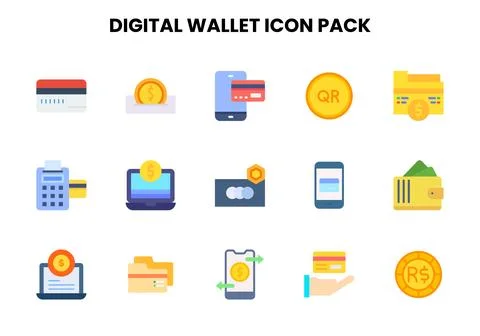 Digital Wallet Flat Collection Icons Pack Stock Illustration