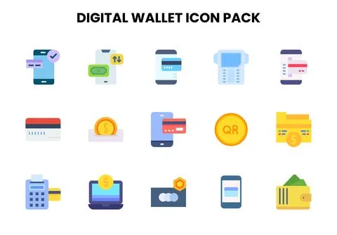 Digital Wallet Flat Scalable Icons Pack Stock Illustration
