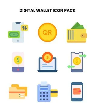 Digital Wallet Flat Vector Icons Pack Stock Illustration