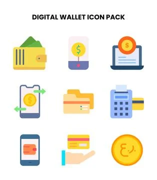Digital Wallet Flat Vector Icons Pack Stock Illustration