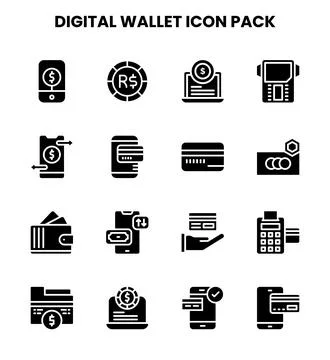 Digital Wallet Glyph Vector Icons Pack Illustrazione stock