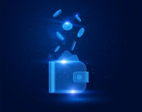 Digital wallet icon with falling dollar coins, neon blue light, glow effect. Stock Illustration