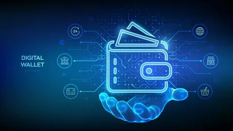 Digital wallet icon in wireframe hand. E-wallet. Online payment by digital .. Stock Illustration
