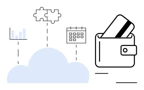 Digital Wallet Integration with Cloud, Analytics, Calendar, and Puzzle Elemen Illustrazione stock