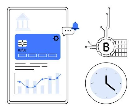 Digital Wallet Interface with Cryptocurrency and Clock Illustrations Illustrazione stock