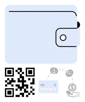 Digital Wallet with QR Code, Credit Card, and Cash Transfer Symbols for Fin.. Stock Illustration