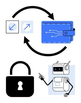 Digital Wallet with Robot, Lock, Arrows, Technology, and Security Elements .. Stock Illustration