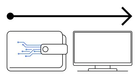 Digital wallet sending data to a computer screen, symbolizing online transa.. Stock Illustration