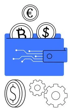 Digital wallet storing various cryptocurrencies with technological and fina.. Stock Illustration