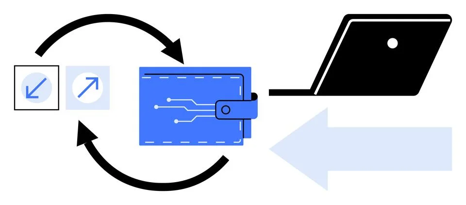 Digital Wallet Transaction and Security Concept with Arrows and Laptop イラスト素材