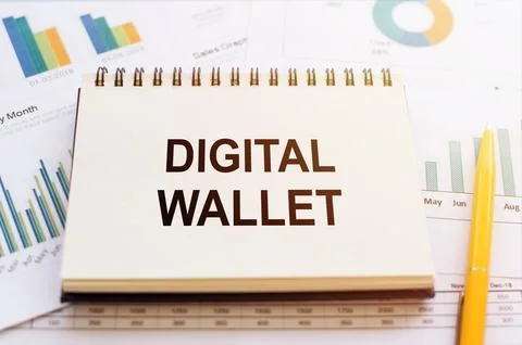 DIGITAL WALLET - written on notepad on financial charts and graphs with yel.. イラスト素材