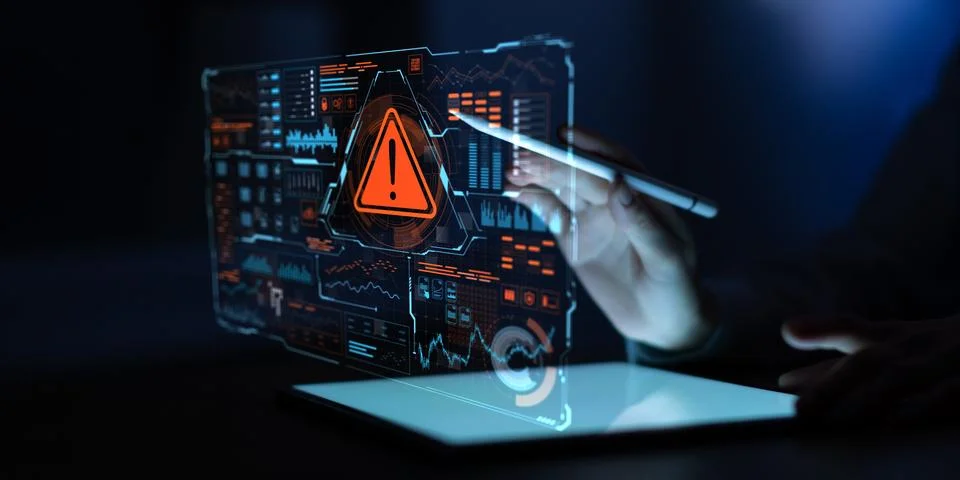 Digital Warning Interface for System Alert and Cybersecurity Monitoring Stock Photos