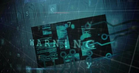 Digital warning message on computer screen with abstract code and symbols 스톡 사진