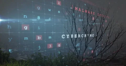 Digital warning overlay floating over foggy cityscape, highlighting glowing code Stock Footage 307430434