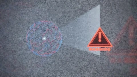 Digital Warning Sign with Abstract Data Sphere and Light Beam on Dark Textured Stock Footage 343164290