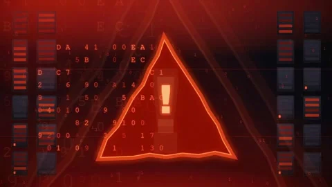 Digital Warning Sign with Glitch Effect and Binary Code on Dark Red Background 動画素材 341830952