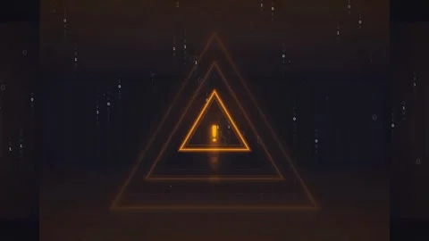 Digital Warning Sign with Glowing Orange Triangle and Binary Code Data Stream Stock Footage 336774711