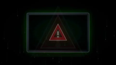 Digital Warning Sign with Red Alert Triangle on Dark Futuristic Computer Screen Stock Footage 343158481