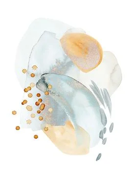 Digital watercolor abstract art with elements in blue, gray, orange and gold col Stock Illustration