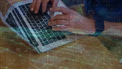 Digital wave and binary coding data processing over mid section of a man using Stock Footage 330343864