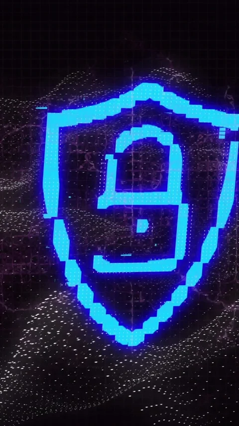 Digital wave background with glowing blue shield and lock icon animation Stock Footage 344403651