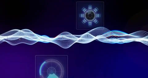 Digital wave image over various technology icons on dark background 스톡 사진