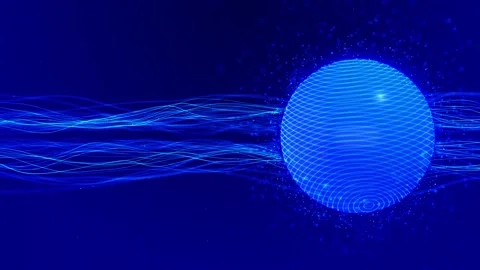 Digital wave orb motion visual cyan wire sphere, flowing blue energy streams 動画素材 340479824