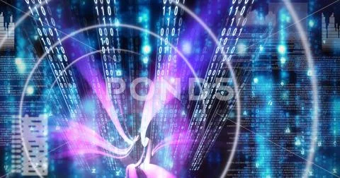 Digital wave over binary coding data processing on blue background 스톡 일러스트