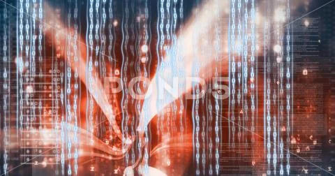 Digital wave over binary coding data processing on orange background 스톡 일러스트