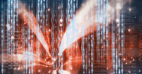 Digital wave over binary coding data processing on orange background Stock Illustration