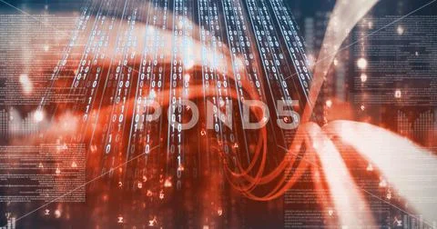 Digital wave over binary coding data processing on orange background 스톡 일러스트