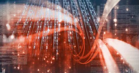 Digital wave over binary coding data processing on orange background Stock Illustration