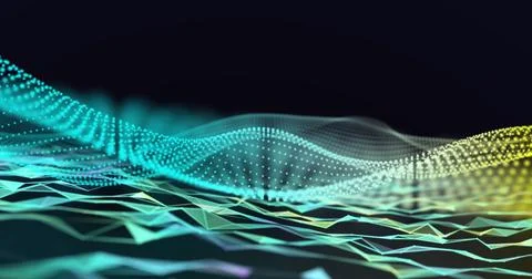 Digital waveforms and data points over abstract geometric landscape 스톡 일러스트