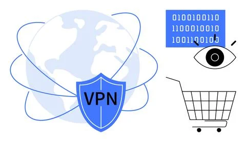 Digital Web Security with VPN Icon Shield and Internet Safety Elements Stock Illustration