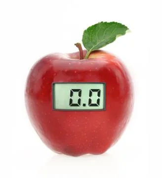 Digital weight scale on red apple Stock Photos