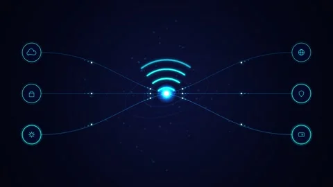 Digital wifi network connection with data flow nodes on abstract dark blue .. Stock Footage 345334171