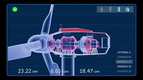 Digital wind turbine interface showing animated energy data, power output, turbi Stock Footage 344583140