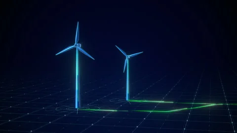Digital Wind Turbines Generating Green Energy Grid Flow Stock-Footage 336665577