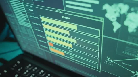 Digital windows pop up on laptop screen in dark office room at night uploading Stock Footage 341325915