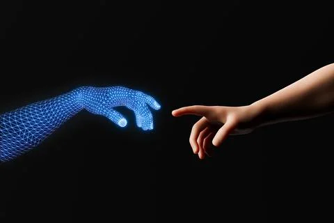 Digital wire hand approaching a human hand Stock Illustration