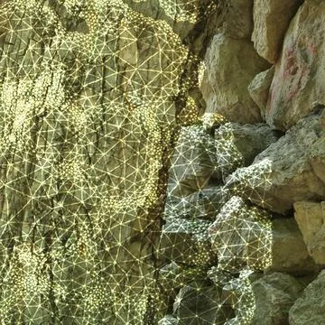 Digital wireframe 3D mesh projection mapped onto a natural rock wall surface Stock Illustration