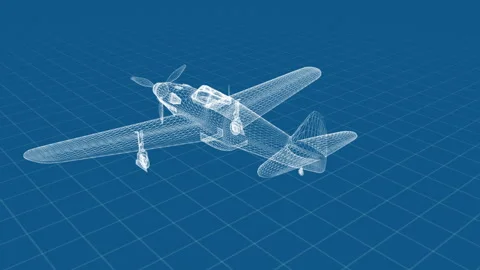Digital Wireframe of Airplane Design Model on Blue Grid Background Stock Footage 344658993