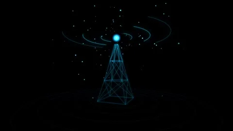 Digital wireframe antenna tower emitting signal pulses against dark starry .. 库存影片 344685085